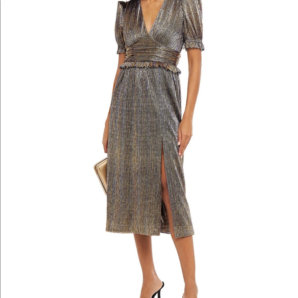 Rebecca Vallance gold lame midi party dress Size UK 10/ US 6